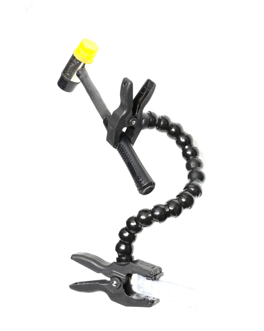 Clamp to clamp mounting device with flexible length adjustable arm