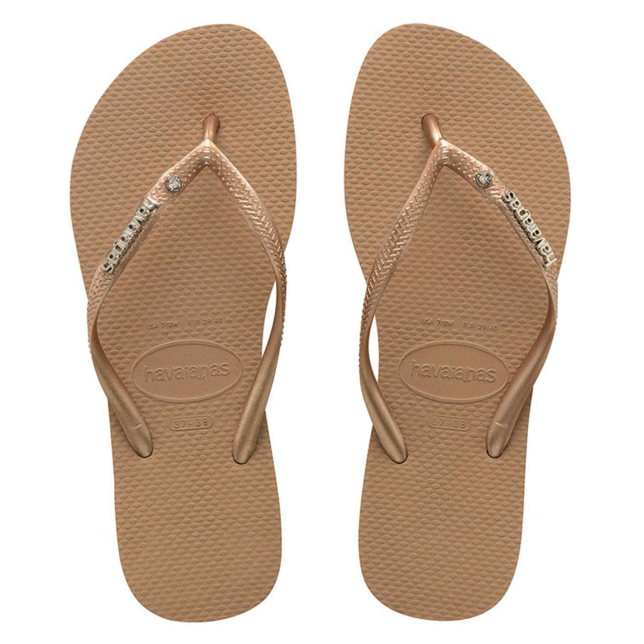 Havaianas Slim Metal Logo Crystal SW Thongs in Rose Gold Silver