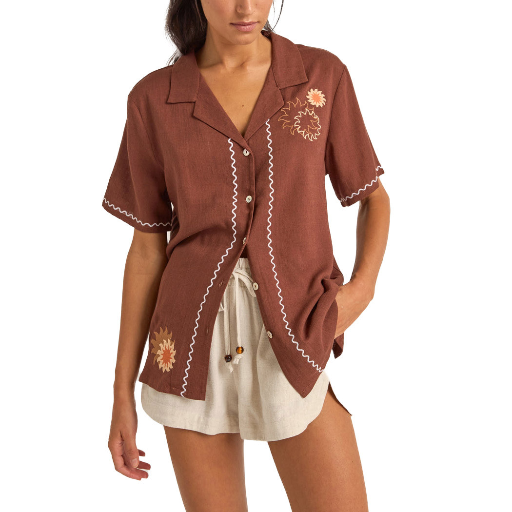Rhythm Solis Embroidered Short Sleeve Shirt Womens in Chocolate Rhythm Solis Embroidered Short Sleeve Shirt Womens in Chocolate