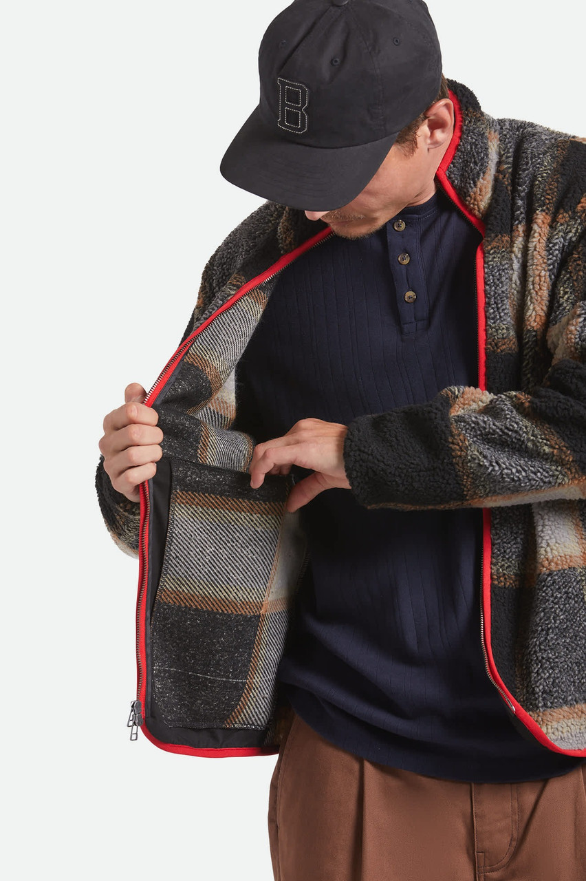 Brixton Buffalo Plaid Sherpa Zip Jacket Mens in Black Cream