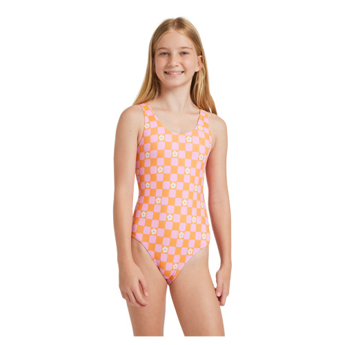 Roxy Flower Check One Piece Swim Girls in Tangerine Tic Tac Fleur