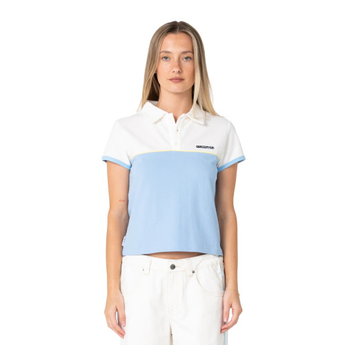 Rusty Insert Dad Joke Baby Polo Tee Womens in Retro Blue White