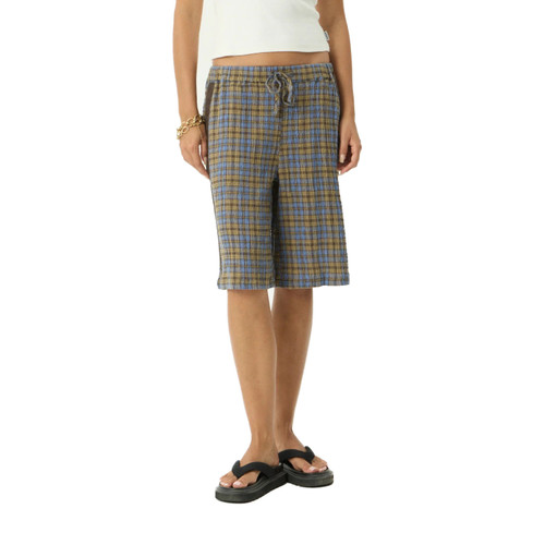 Afends Alexa Longline Short Womens in Cedar Blue Check