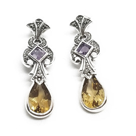 Sterling Silver Marcasite, Citrine and Amethyst Earrings