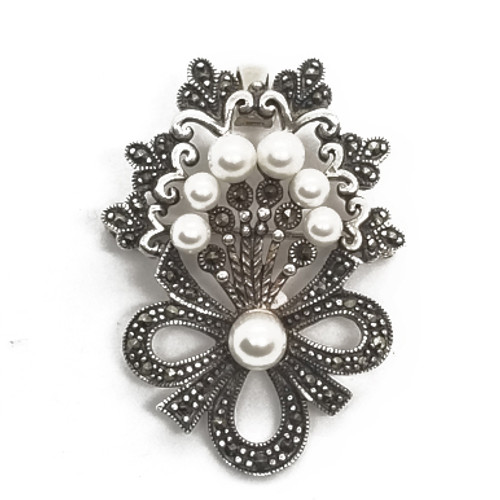 Sterling Silver Marcasite and Pearl Brooch