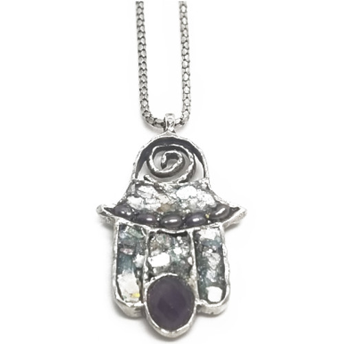 Sterling Silver Ancient Roman Glass w/Pearls and Amethyst Pendant