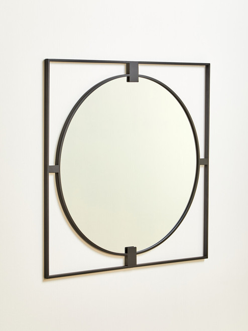Trento Large Square Black Metal Frame Round Insert Wall Mirror