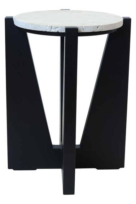 Winton Travertine Top Side Table With Black Acacia Wood Frame