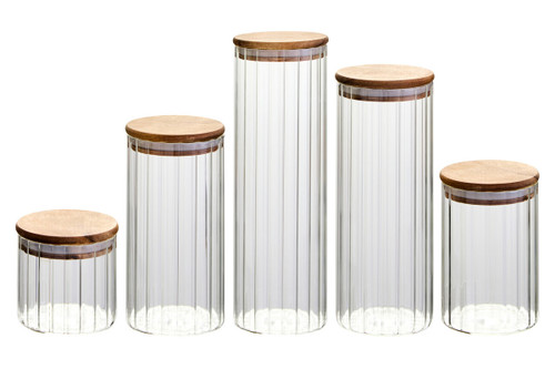 Freska Set of Five Ribbed Round Clear Glass Jars with Acacia Wood Lids