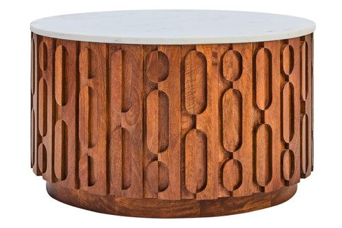 Torcino Marble and Crarved Mango Wood Round Coffee Table