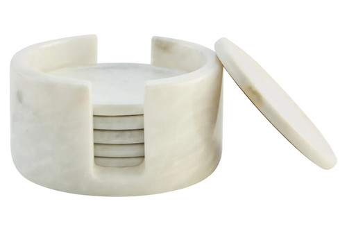 Kindia White Marble Set Of Six Round Coasters with Holder