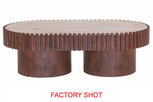 Babel Travertine Top and Mango Wood Pillar Legs Oval Coffee Table