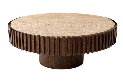 Babel Round Travertine and Mango Wood Coffee Table
