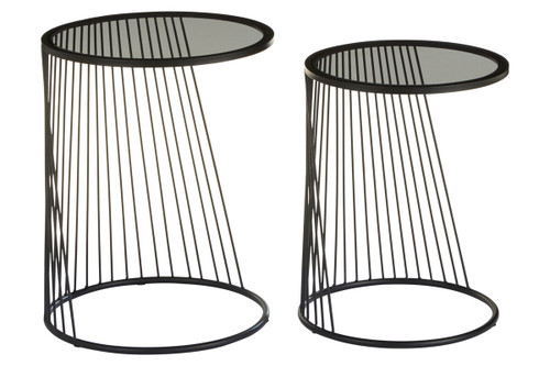 Trento Black Set of 2 Round Side Tables with Glass Tops