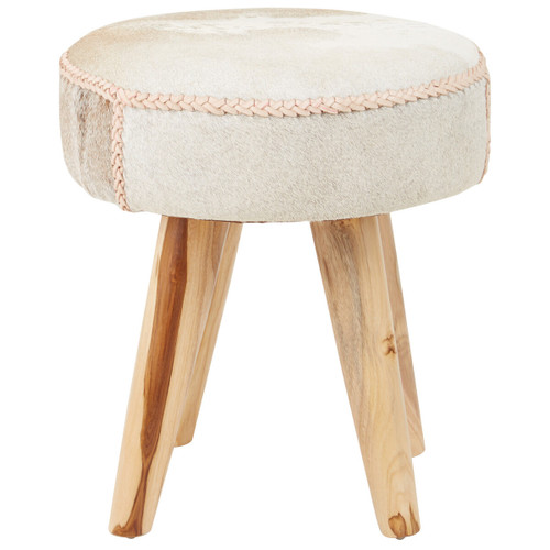 Kendari Natural Hair on Leather and Teak Wood Round Stool