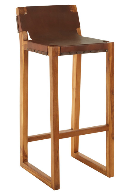 Kendari Brown Leather Bar Chair with Teak Wood Frame