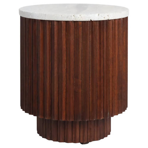 Matros Small Travertine Top Brown Ridge Mango Wood Base Side Table
