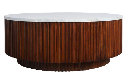 Molinos Travertine Top Brown Ridge Mango Wood Base Coffee Table