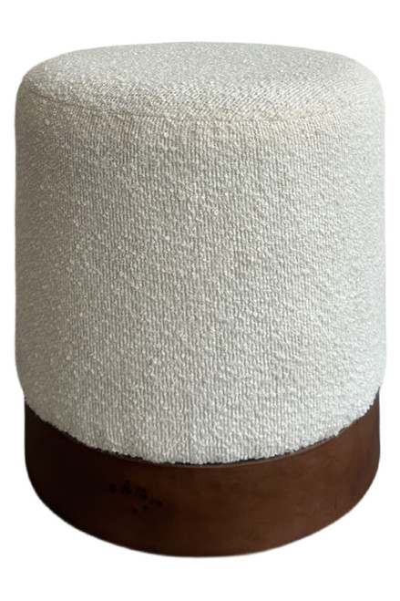 Mota Walnut Finish Burl Wood and Cream Boucle Round Stool