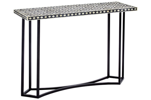 Boho Black and White Bone Inlay Console Table With Metal Base