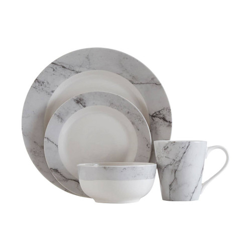 16 Pc White / Grey Marble Effect Dinner Set