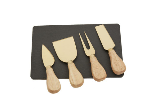 Carter Slate Board and 4 Piece Cheese Knife Set in Gold Finish