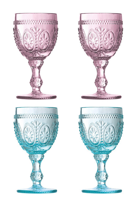 Fleur Set of 4  Pink And Blue Wine Glasses