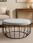 Hayes Round Grey Velvet and Black Metal Large Footstool