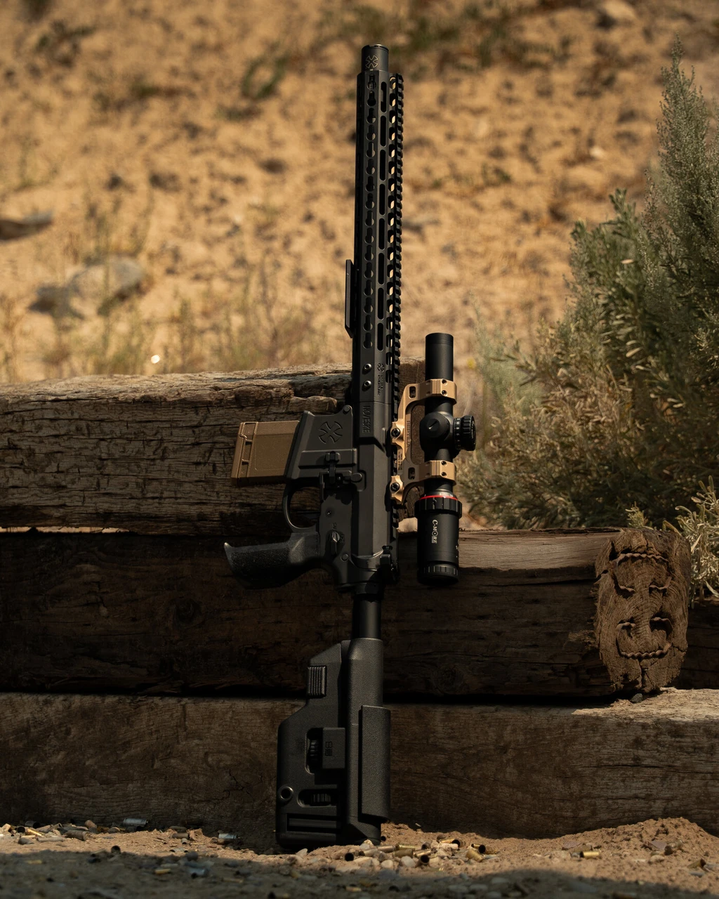 SPR 05 full build leaning against a wooden ledge with the C-More C3 1-6 and Reptilia AUS mount