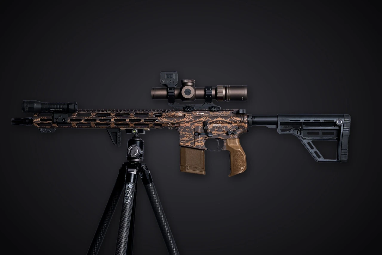 Amend2 SPR 06 special purpose rifle build, a VKTR VK-1 piston rifle in camo with a ZeroTech Vengeance 1-6 on a tripod