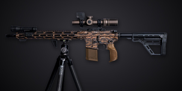 Amend2 SPR 06 special purpose rifle build, a VKTR VK-1 piston rifle in camo on an Aziak tripod