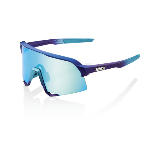 100% S3 Baseball Sunglasses Matte Metallic Purple & Blue Fade w/ Blue Topaz Mirror Lens 61034-228-01