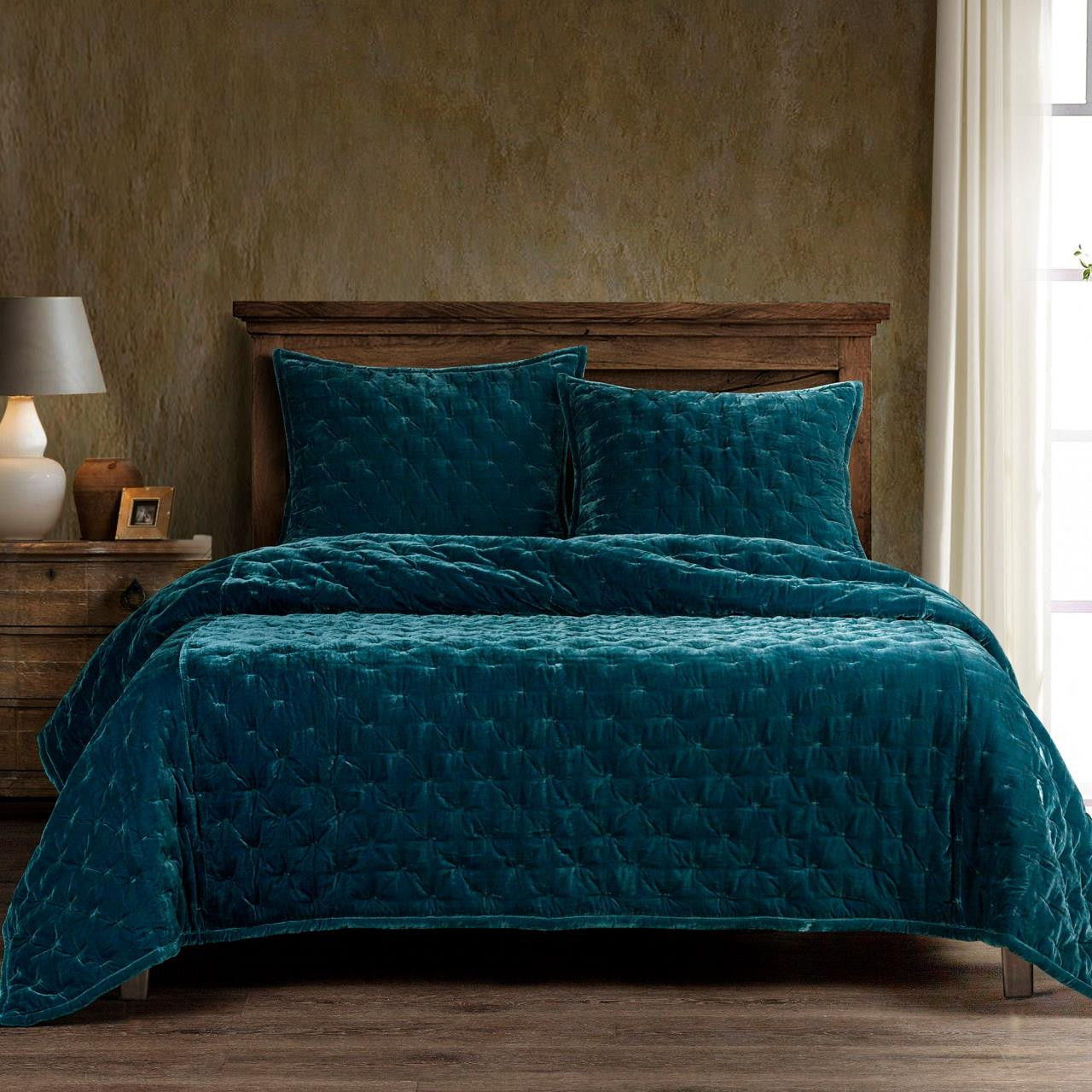 Stella Faux Silk Velvet Teal Quilt Set
