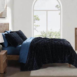 Stella Faux Silk Double Box Stitch Midnight Blue Quilt Set - 840118817240