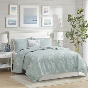Seaside 4 Piece Cotton Reversible Embroidered Quilt Set with Throw Pillow - 675716740375