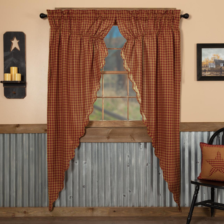 Burgundy Check Scalloped Prairie Long Curtains - 840528179174