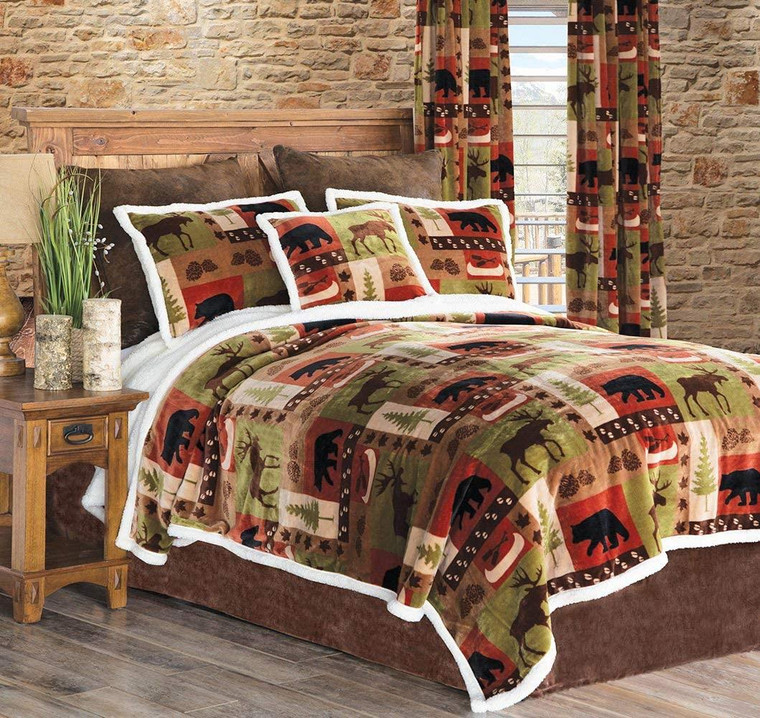 Patchwork Lodge Rustic Cabin Sherpa Fleece Bedding Set - 357311295770