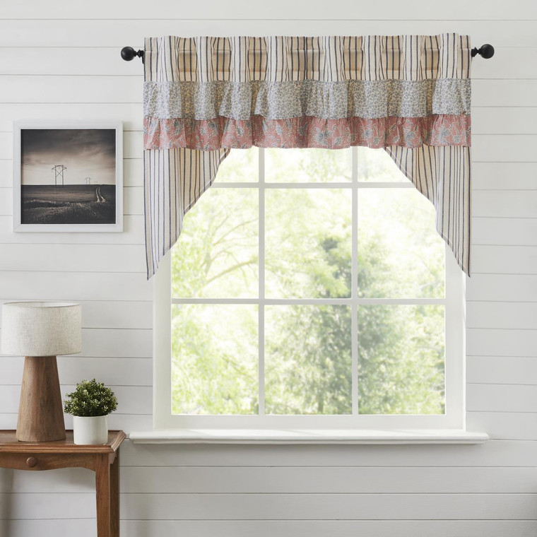 Kaila Floral Ticking Blue Swag Curtain Pair - 810055894680