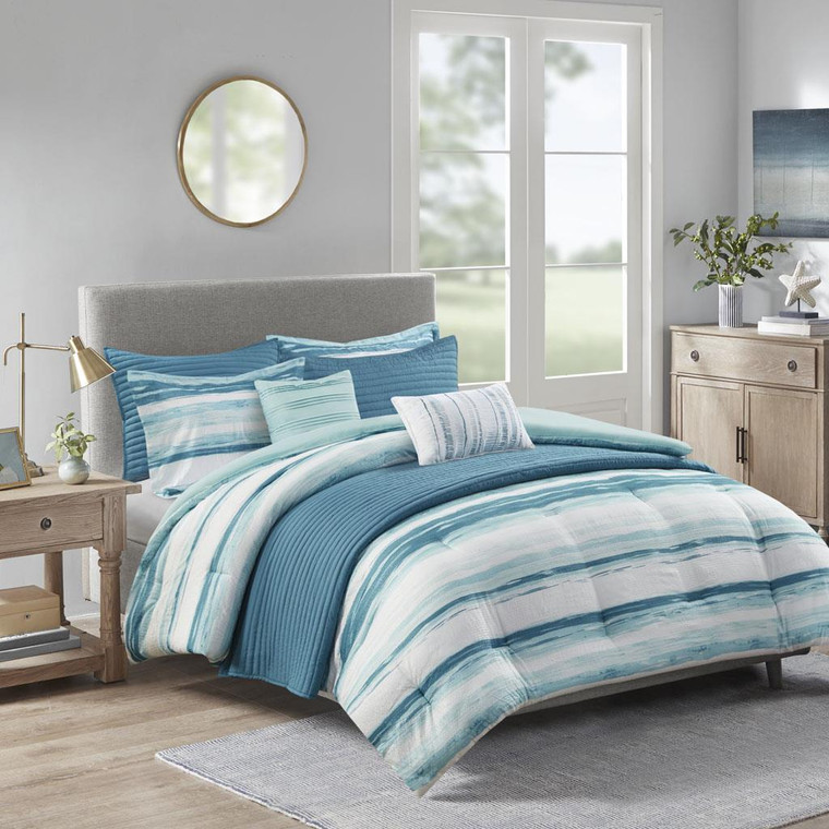 Marina 8 Piece Printed Seersucker Comforter and Quilt Set Collection - 022164184808