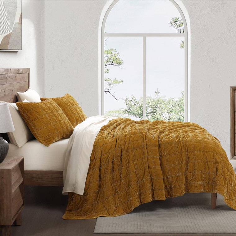 Stella Faux Silk Double Box Stitch Saffron Quilt Set - 840118826952