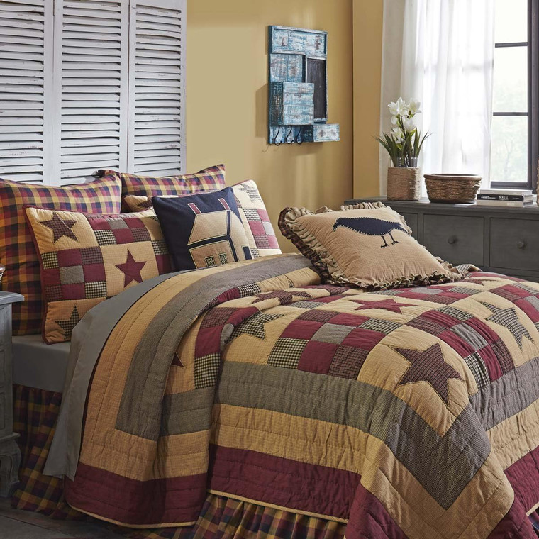 VHC Brands Ninepatch Star Burgundy King Quilt Set