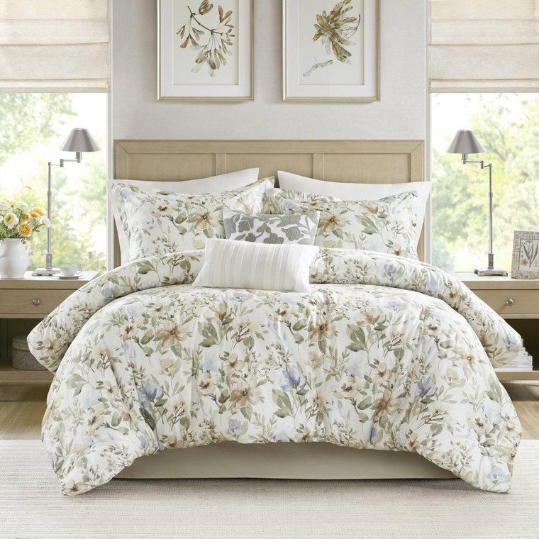 Herbal 6 Piece Cotton Sateen Print Oversized Comforter Set Collection -