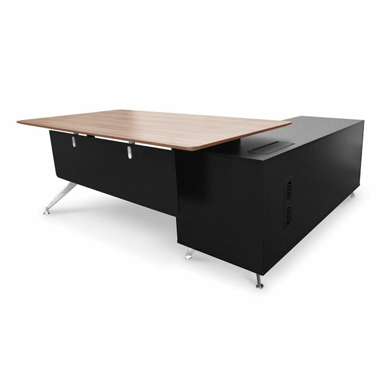Platinum Executive Office Desk With Credenza Storage Left Return - Walnut - Black