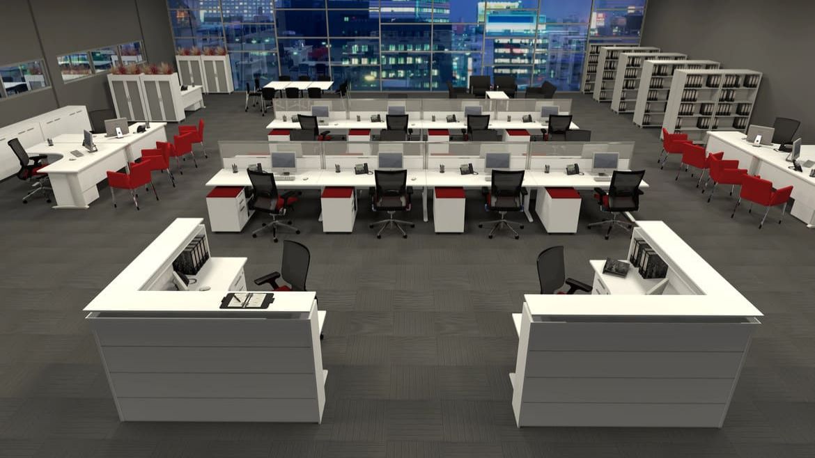 Open Plan Office with 8 Person Workstations, Corner Desks and Red Seating Open Plan Office with 8 Person Workstations, Corner Desks and Red Seating