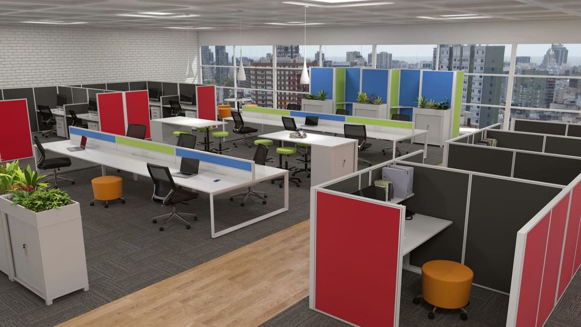 Colourful Open Plan Office with Workstations and Privacy Pods and Storage