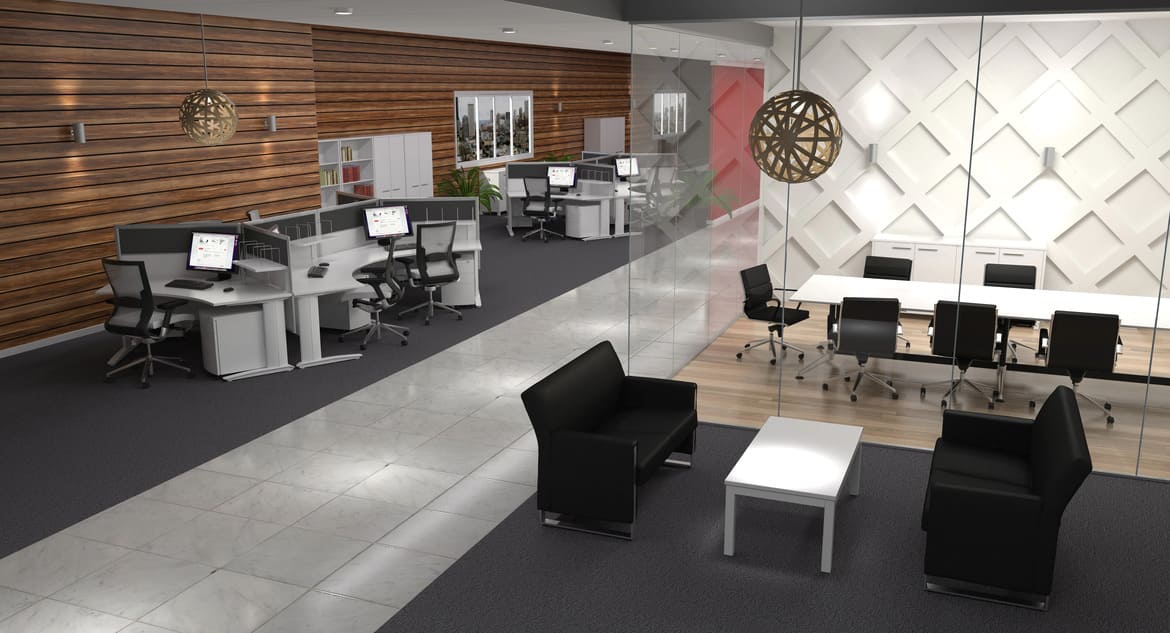 Open Plan Office With Workstations and a Glass Boardroom with Executive Reception Lounges Open Plan Office With Workstations and a Glass Boardroom with Executive Reception Lounges