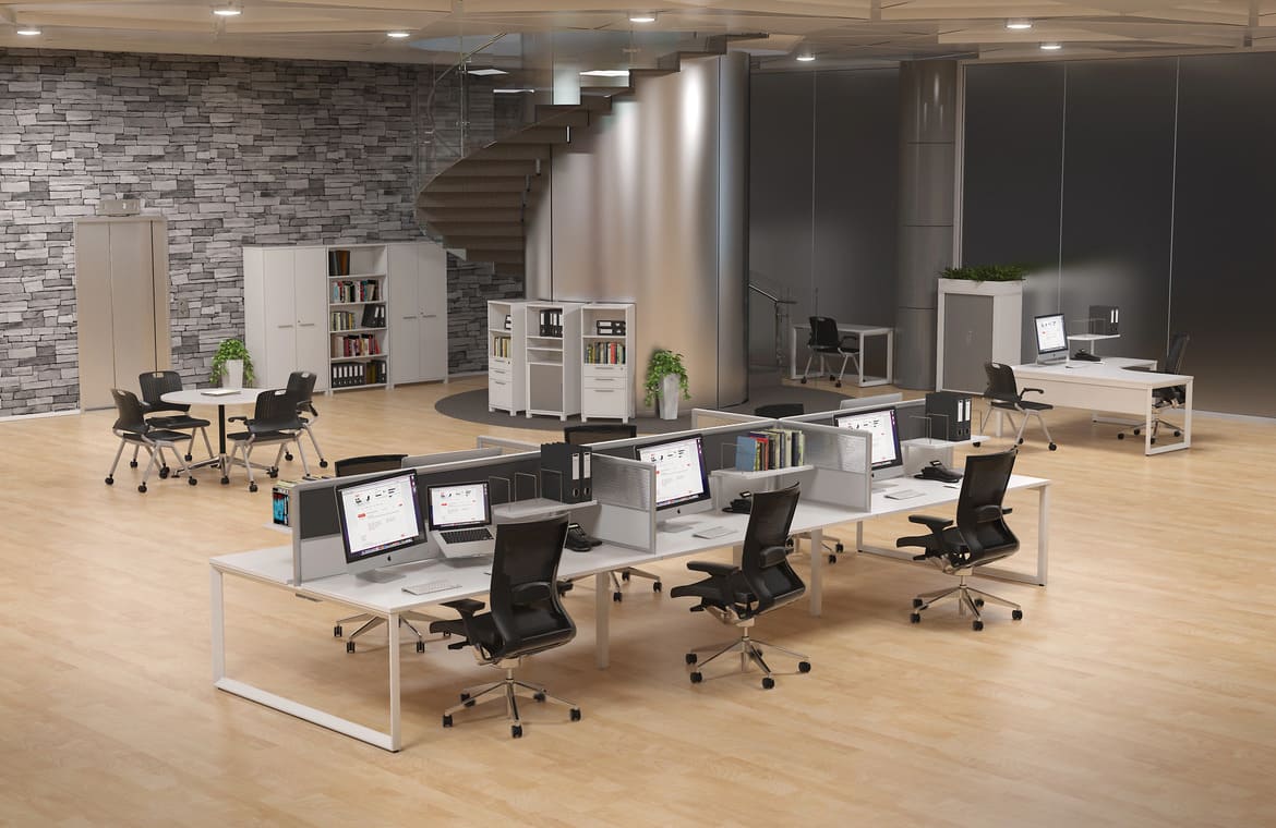 Huge Open Plan Office with One 6 Person Workstation, Bookshelves, a Meeting Table and an L-Desk Huge Open Plan Office with One 6 Person Workstation, Bookshelves, a Meeting Table and an L-Desk