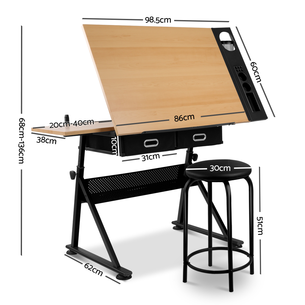 Artiss Tilt Drafting Table Stool Set - Natural & Black - Urban Hyve