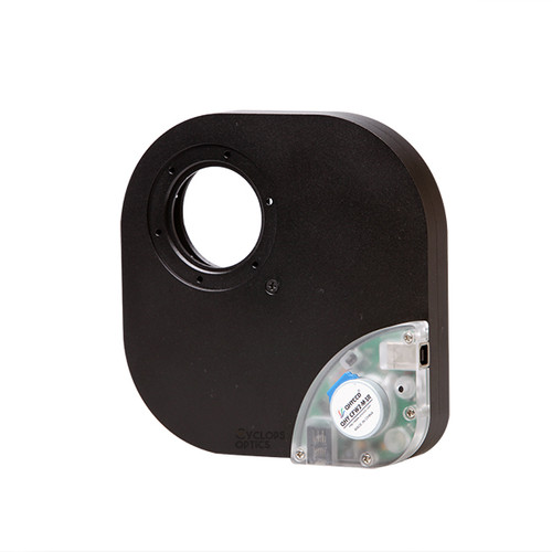 QHYCFW2-M five or seven positions filter wheel. Supports 5 x 2" round filters, 5 x 50mm square unmounted filters or 7 x 36mm unmounted filters