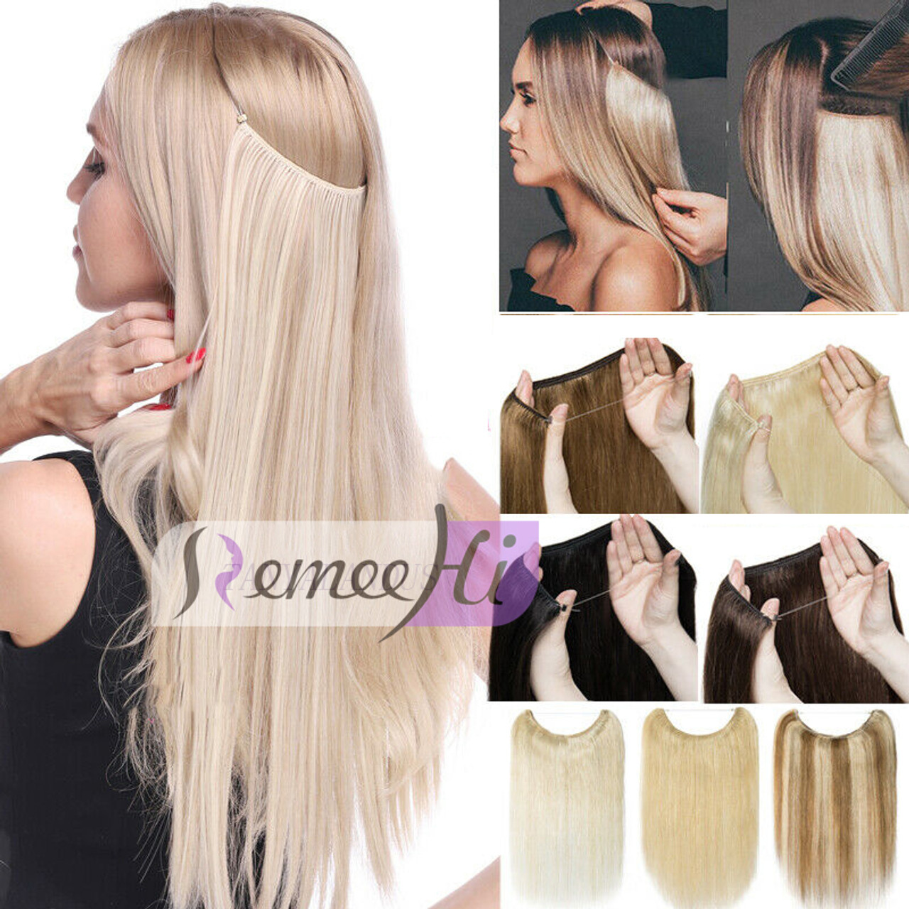Hidden String Invisible Wire Remy Human Hair Piece Extensions No